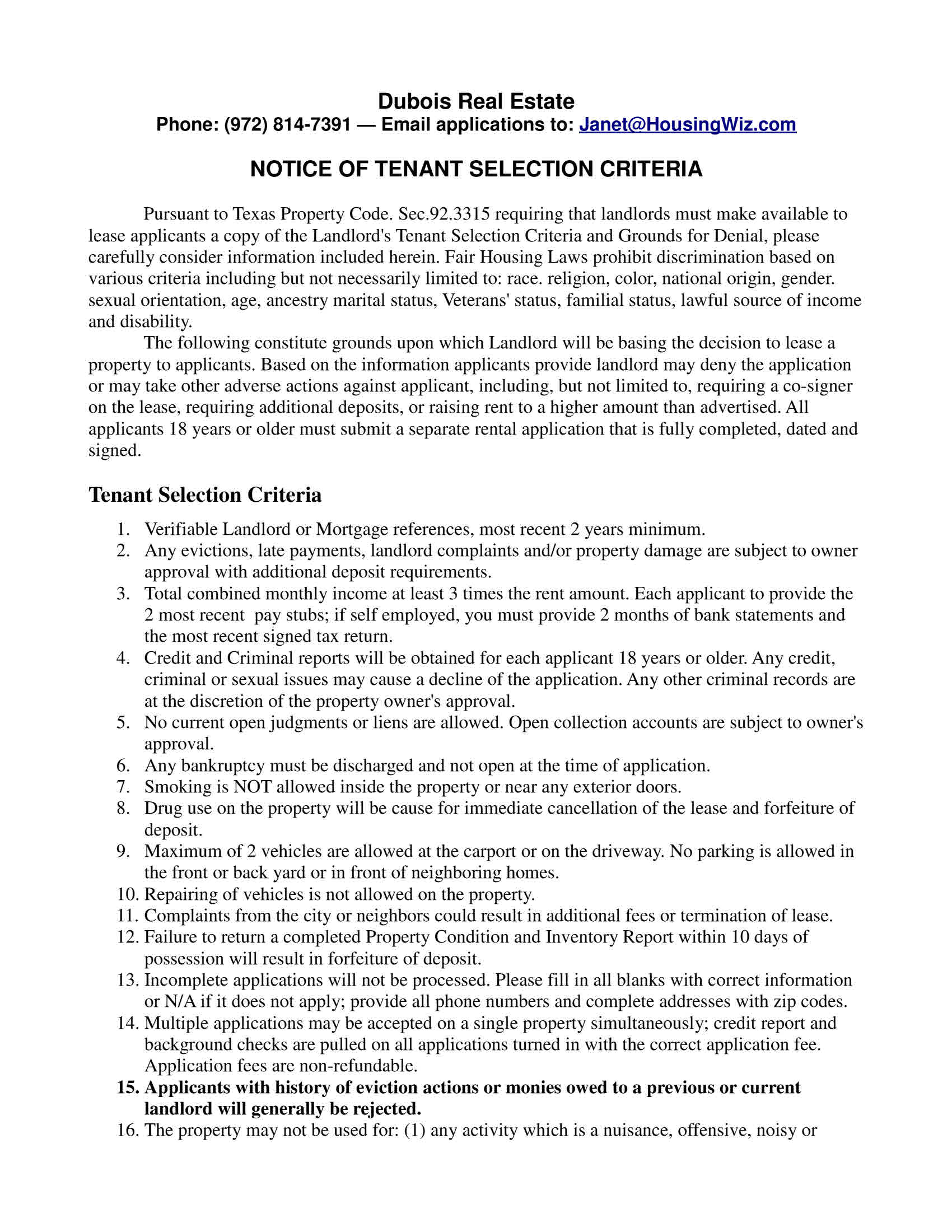 Tenant Selection Criteria